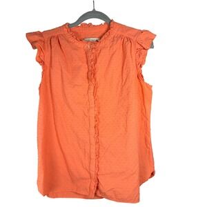 LOFT Coral Orange Swiss Dot Floral Embroidered Ruffle Button Down Top SM Cotton